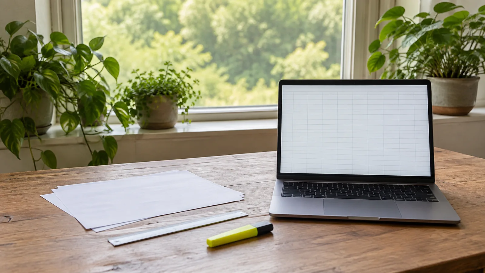A laptop showing a blank spreadsheet on a wooden table with printed pages, a ruler and a highlighter by a window with plants