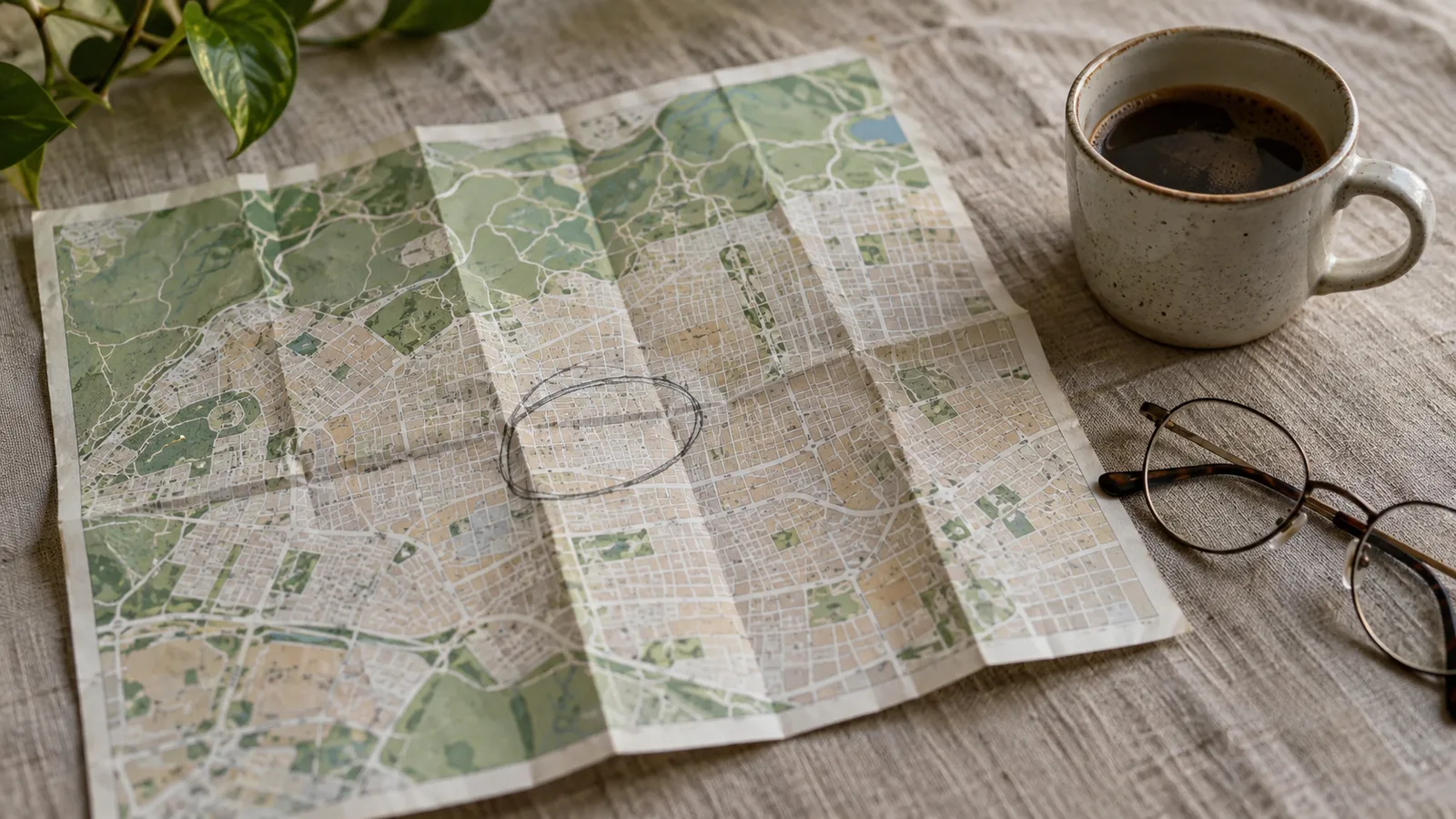 A folded paper street map with a pencil circle, beside a cup of coffee and reading glasses