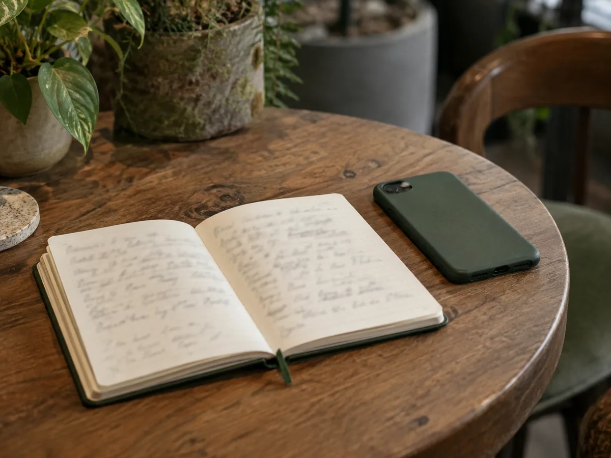 An open notebook of handwritten questions next to a phone lying face down on a round café table