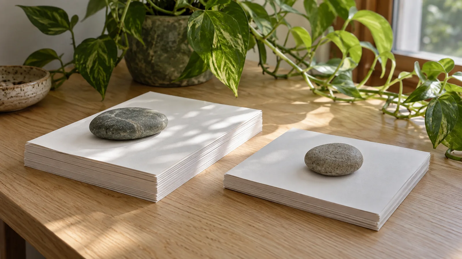 Two stacks of paper, each weighted by a smooth river stone, on an oak desk beside trailing plants
