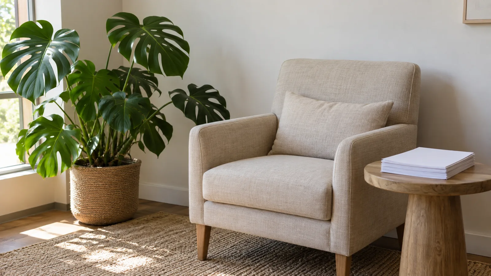 An empty, bright waiting area with a linen armchair, a monstera and a small stack of blank forms