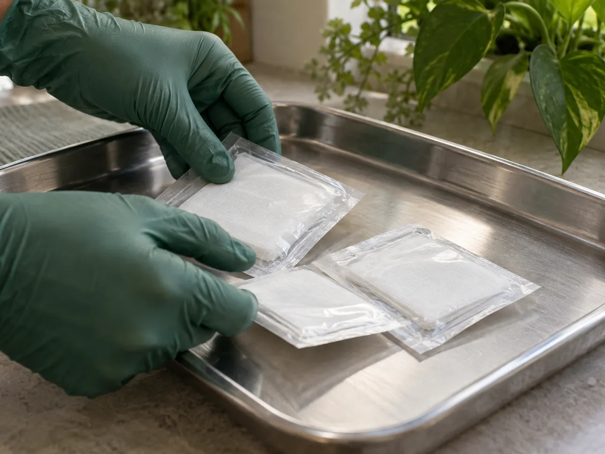 Gloved hands lay sealed gauze packs on a steel tray