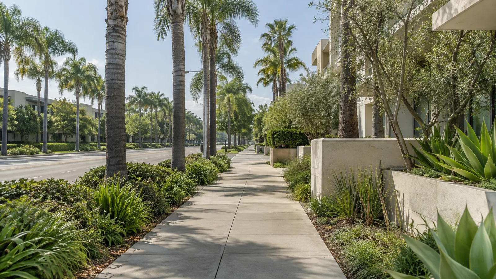 A wide sidewalk lined with palm trees and low modern buildings at midday