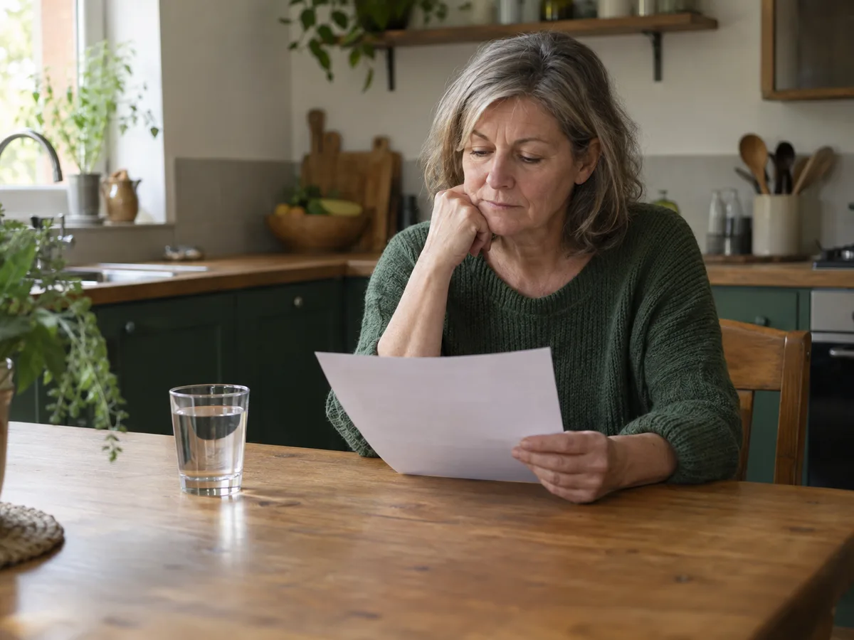 A woman with grey hair reads a printed sheet at her kitchen table beside a glass of water