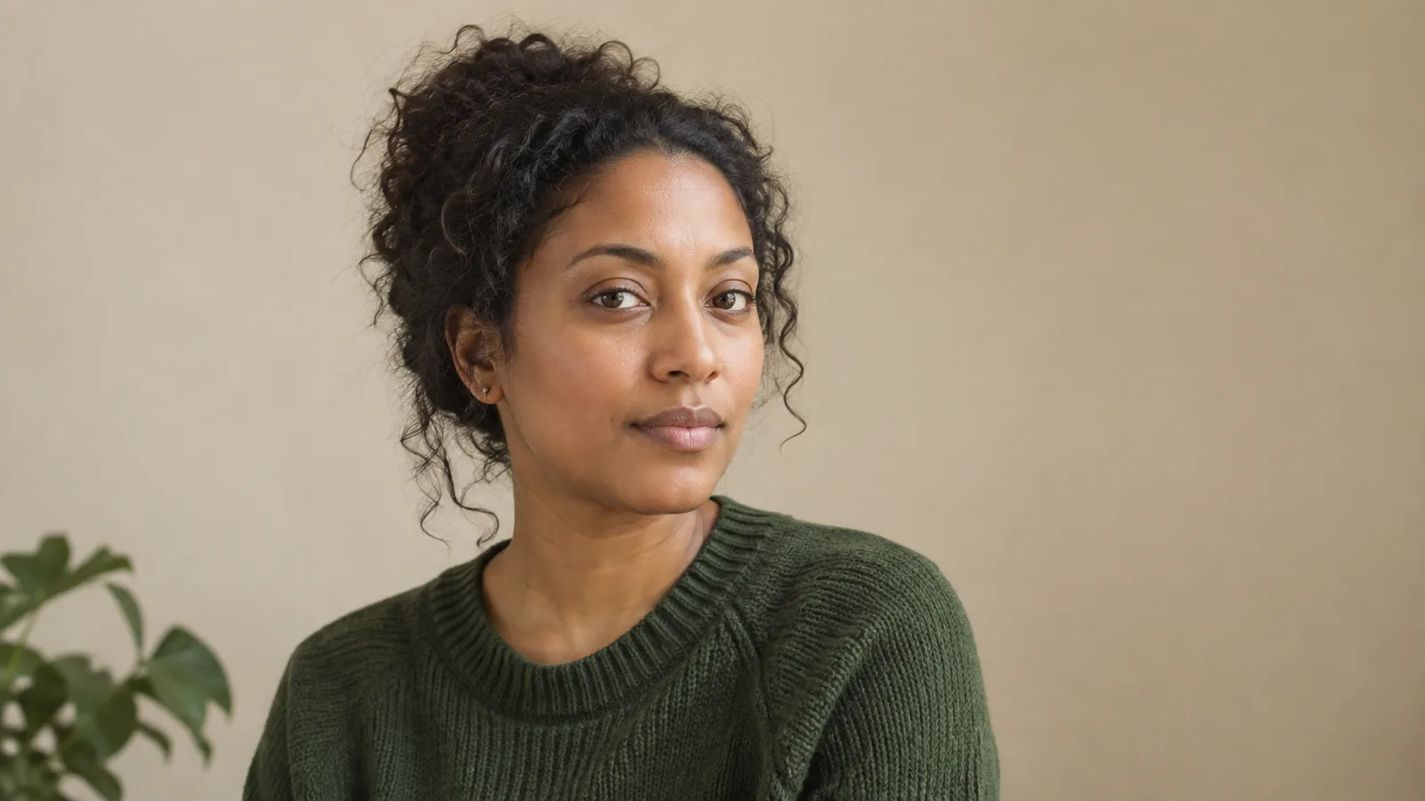 Portrait of a woman with medium-brown skin and curly hair in soft window light