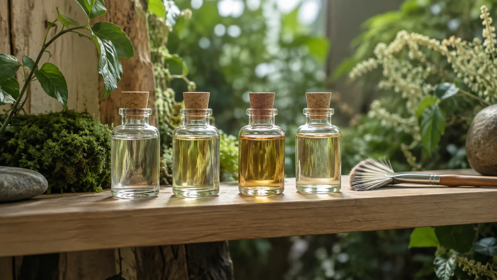 Four small glass bottles of clear to amber liquid in a row on a wooden shelf with a fan brush, plants behind