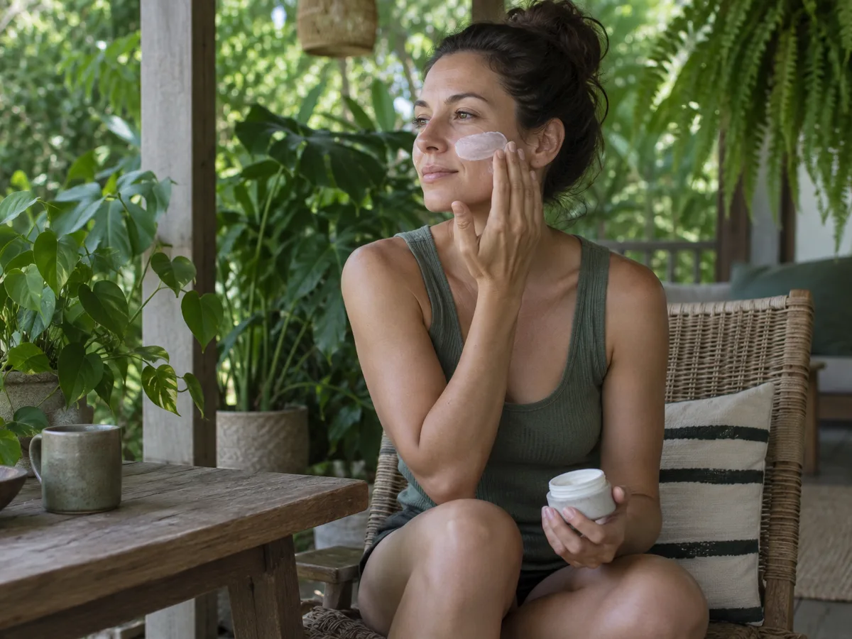 A woman applies sunscreen to her cheek on a shaded porch among green plants
