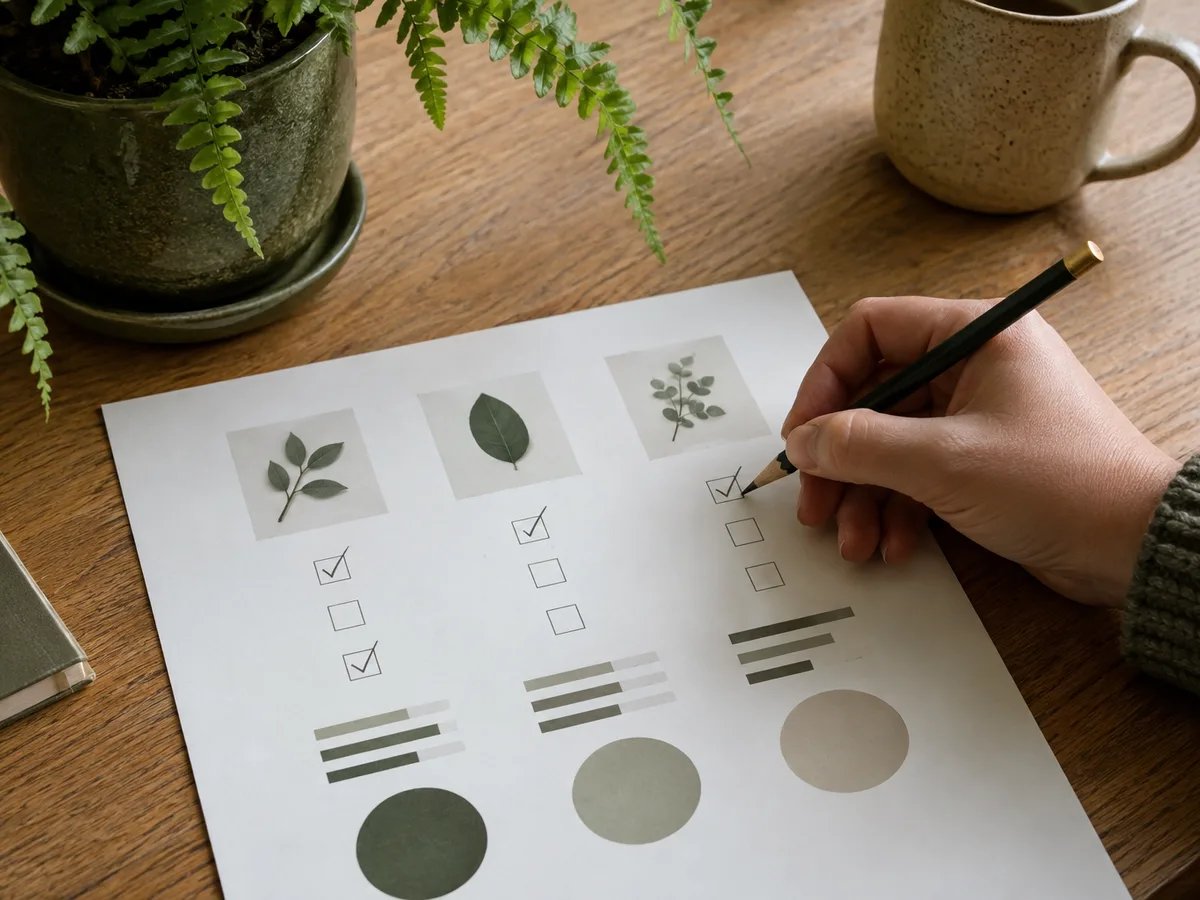 A hand ticks items on a printed checklist on a wooden table beside a potted plant
