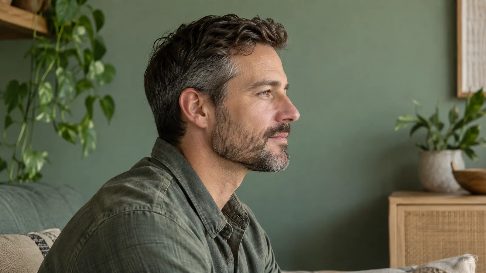 Profile of a man with a trimmed beard in soft daylight against a sage-green wall