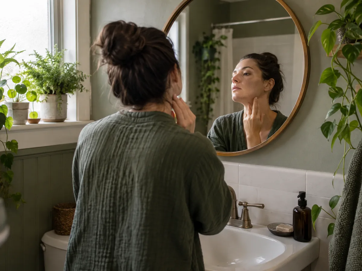 A woman studies her jawline in a round bathroom mirror, seen from behind
