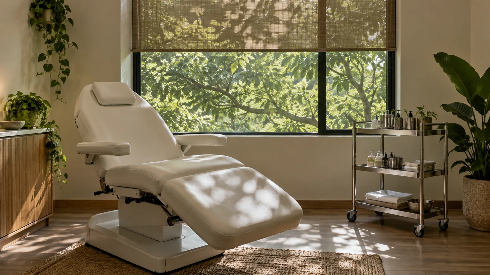 An empty treatment room with a reclined chair, a steel trolley and a window onto leafy shade