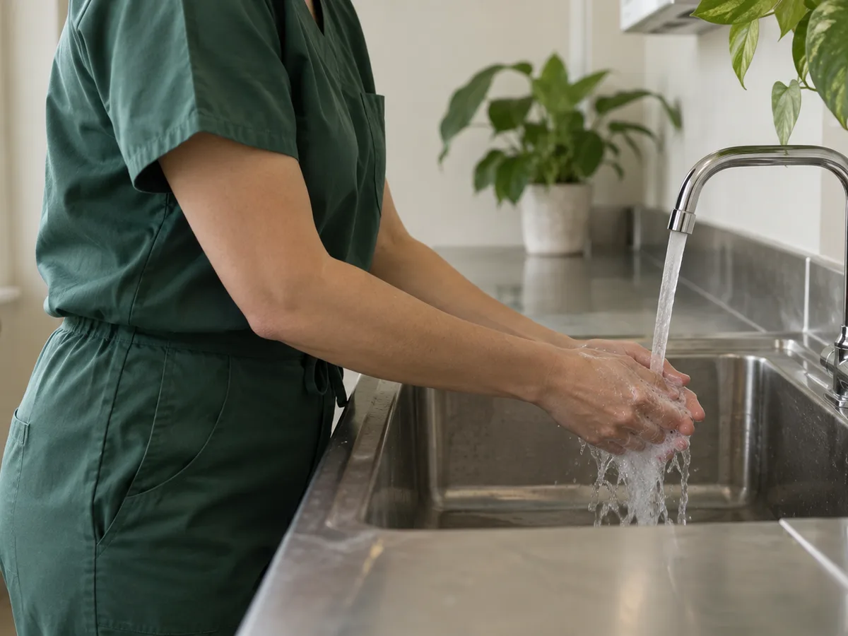A clinician in green scrubs washes her hands at a steel sink