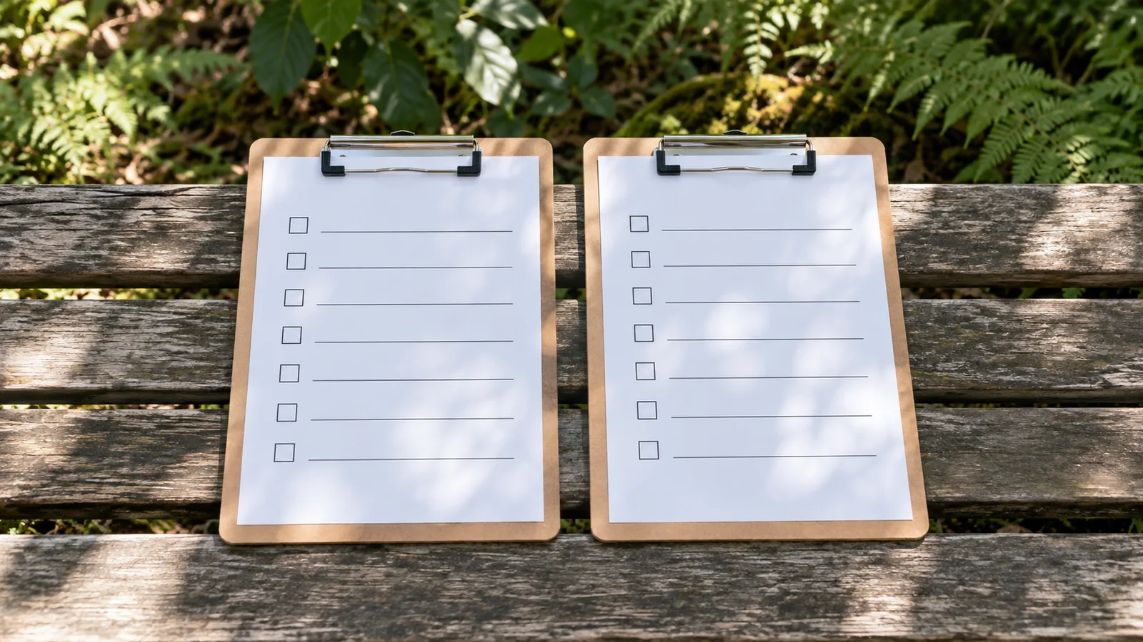 Two clipboards with blank checklists side by side on a weathered wooden bench