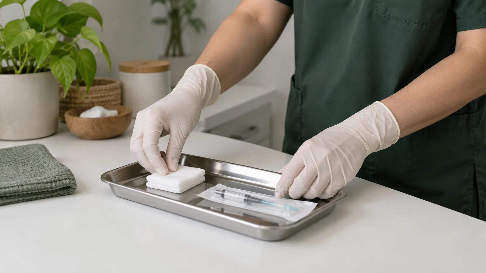 Gloved hands prepare a steel tray with gauze and a sealed syringe on a white counter