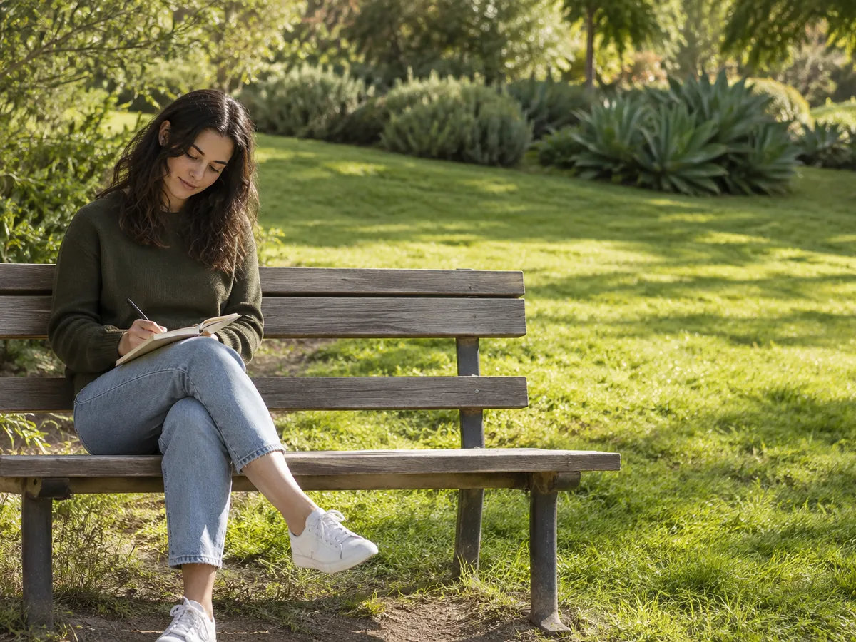 A woman on a park bench writes in a small notebook on a sunny lawn