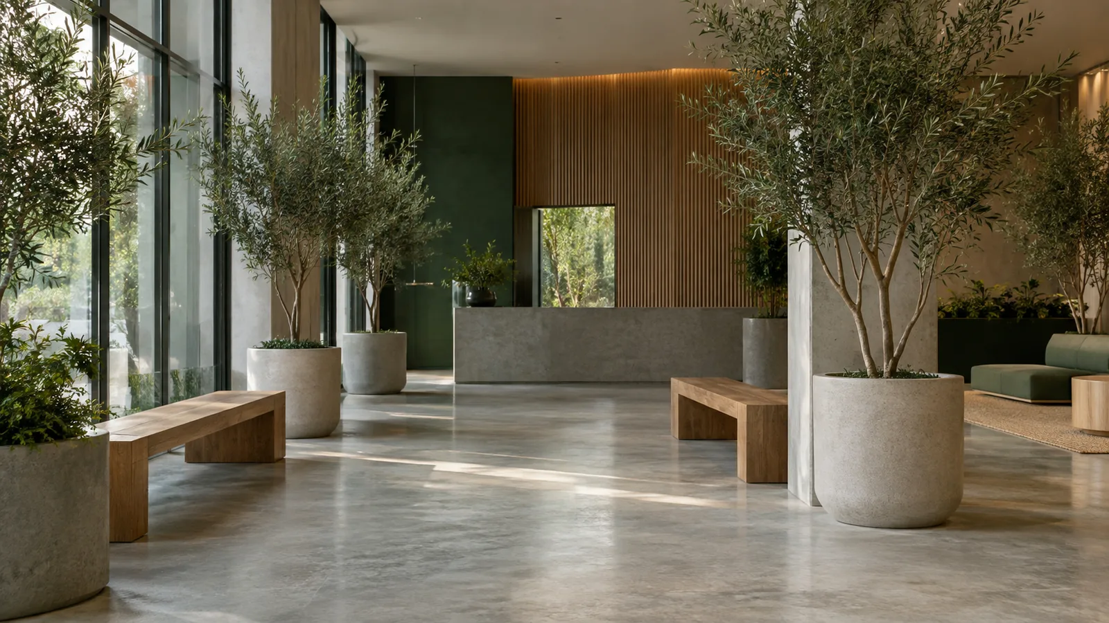 A calm lobby with concrete floors, wooden benches and tall potted olive trees