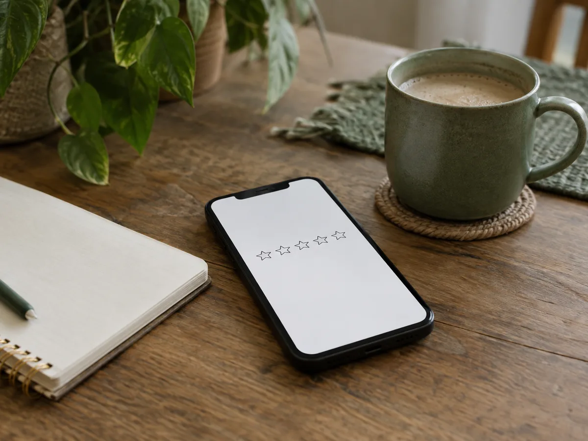 A phone showing an empty star-rating screen on a table beside a notebook and a mug