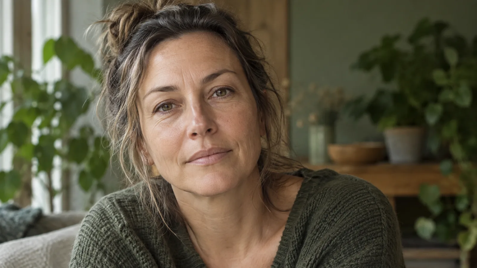 Close portrait of a woman with relaxed eyes and natural under-eye skin in soft light