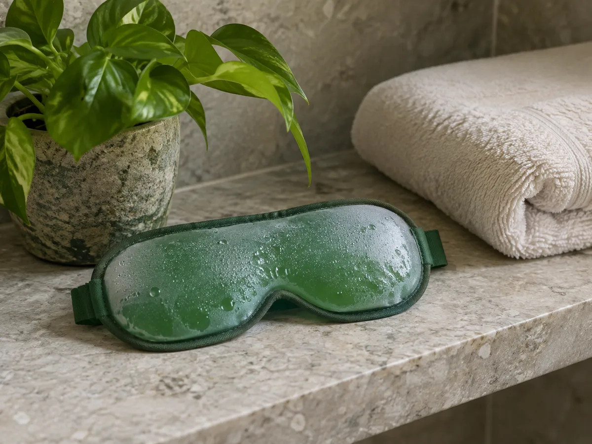 A green gel eye mask and a folded towel on a stone bathroom shelf beside a plant