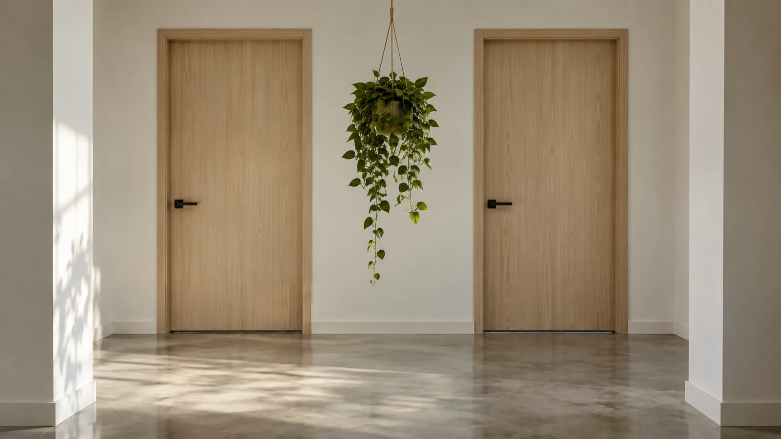 A bright hallway with two closed pale wooden doors and a hanging plant