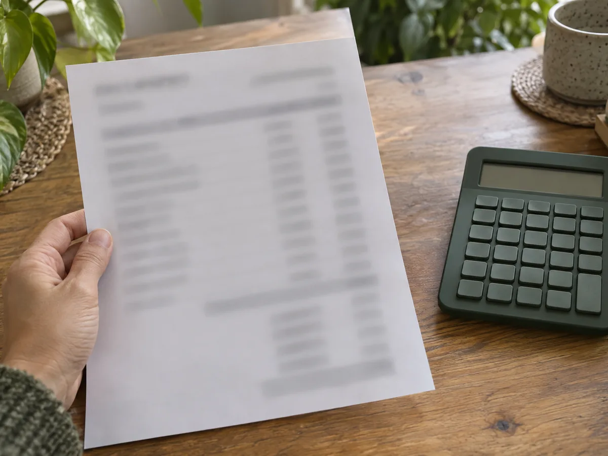 A hand holds a printed price sheet with blurred figures next to a calculator