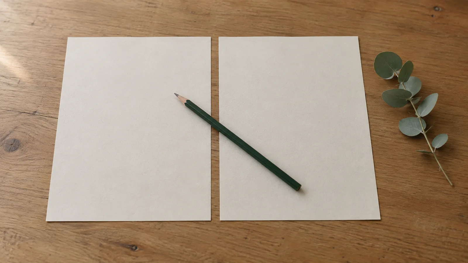 Two blank sheets side by side on a wooden table with a pencil across them and a sprig of eucalyptus